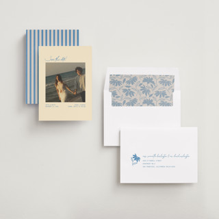 This is a beachy save the date with standard by Design Lotus called the summer we said yes printing on recycled smooth signature in standard