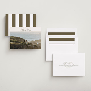 This is a moss save the date with standard by Casey Miller called quiet horizon printing on recycled smooth signature in standard