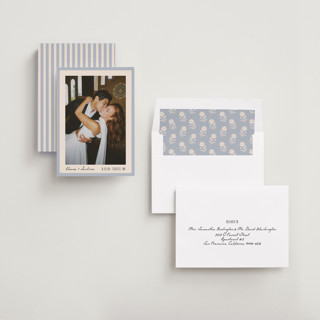This is a sky save the date with standard by Alethea and Ruth called snapshot border printing on recycled smooth signature in standard
