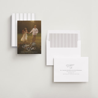 This is a ivory save the date with standard by Shirley Lin Schneider called classic romanticism printing on recycled smooth signature in standard