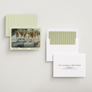 This is a palm sage save the date with standard by Ani Somi called sunset ave printing on recycled smooth signature in standard