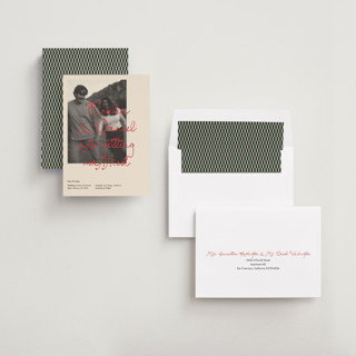 This is a poppy save the date with standard by Jennifer Lew called feature printing on recycled smooth signature in standard