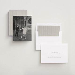 This is a cotton save the date with standard by Amy Kross called veneer printing on recycled smooth signature in standard