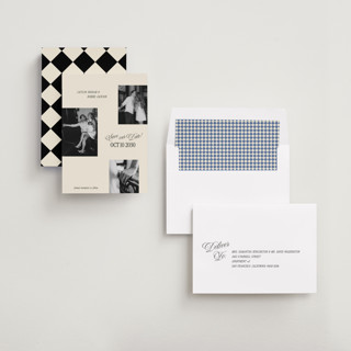 This is a cream save the date with standard by Robert and Stella called saved snaps printing on recycled smooth signature in standard