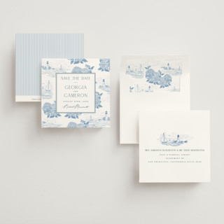 This is a sea save the date with standard by Jenna Holcomb called coastal toile printing on signature in square