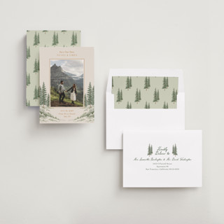 This is a forest save the date with standard by Elly called whispering pines printing on recycled smooth signature in standard