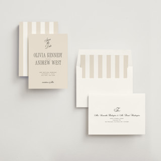 This is a almond save the date with standard by Eric Clegg called modern romance printing on signature in standard