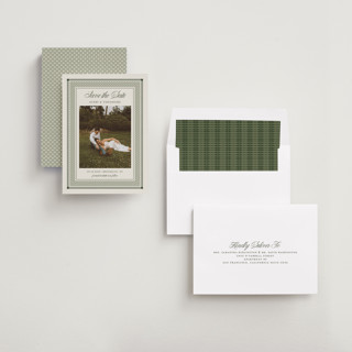 This is a moss save the date with standard by Kelly Watkins called literary printing on recycled smooth signature in standard