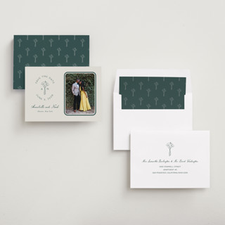 This is a sage save the date with standard by Leah Bisch called pair of calla lilies printing on recycled smooth signature in standard