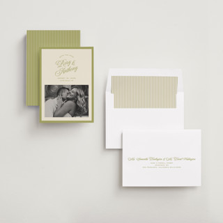 This is a olive save the date with standard by Ellen Schlegelmilch called rory printing on recycled smooth signature in standard
