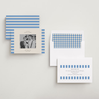 This is a sky save the date with standard by Jackie Crawford called modern border printing on recycled smooth signature in standard