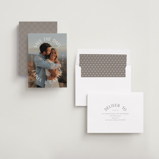 This is a pearl save the date with standard by Susan Asbill called roundabout printing on recycled smooth signature in standard