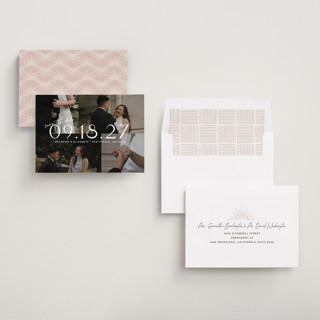 This is a opal save the date with standard by Cat Caudillo called love snaps printing on recycled smooth signature in standard