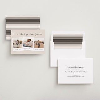 This is a almond save the date with standard by Stephanie Hawkes called say less printing on recycled smooth signature in standard