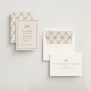 This is a moss save the date with standard by Cass Loh called ribbon bow drawing printing on signature in standard