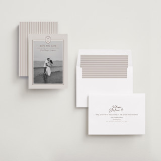 This is a dove save the date with standard by Rachelle Clarke called modern monogram printing on recycled smooth signature in standard