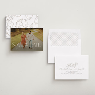 This is a pearl save the date with standard by Jessica Corliss called simple elegance printing on recycled smooth signature in standard