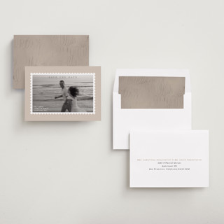 This is a taupe save the date with standard by Claire called stamp printing on recycled smooth signature in standard