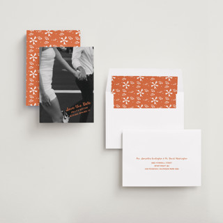 This is a tangerine save the date with standard by Jelena Vuletic called imprint printing on recycled smooth signature in standard