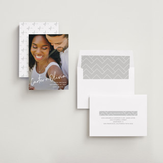 This is a pearl save the date with standard by Owl and Toad called signature printing on recycled smooth signature in standard