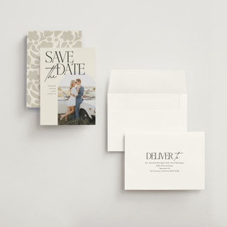 This is a ecru save the date with standard by Morgan Kendall called penelope printing on recycled smooth signature in grand