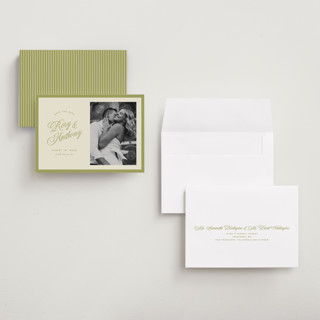 This is a olive save the date with standard by Ellen Schlegelmilch called rory printing on recycled smooth signature in grand