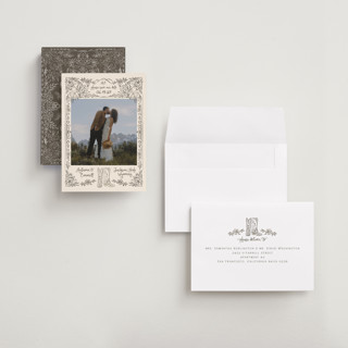 This is a leather save the date with standard by Jenna Holcomb called jackson hole printing on recycled smooth signature in grand