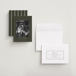 This is a olive save the date with standard by Nicole Walsh called refined printing on recycled smooth signature in grand