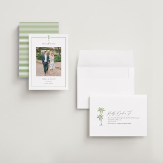 This is a leaf save the date with standard by Olivia Raufman called palm monogram printing on recycled smooth signature in grand