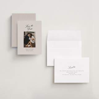 This is a clay save the date with standard by Olivia Kanaley Inman called hayworth printing on recycled smooth signature in grand