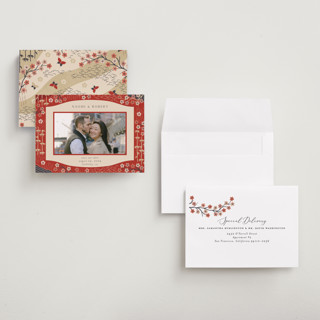 This is a rose save the date with standard by Jennifer Holbrook called japanese textile printing on recycled smooth signature in grand