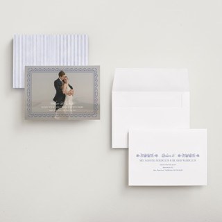 This is a cerulean save the date with standard by Jenna Holcomb called embroidered printing on recycled smooth signature in grand