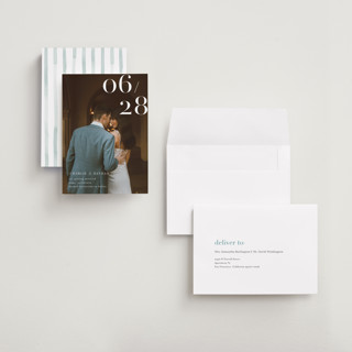 This is a pearl save the date with standard by Shannon Chen of Four Wet Feet Studio called our big date printing on recycled smooth signature in grand