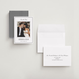 This is a silk save the date with standard by Kelly Schmidt called formal minimalist printing on recycled smooth signature in grand