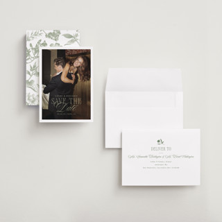 This is a moss save the date with standard by Kelly Schmidt called woods printing on recycled smooth signature in grand