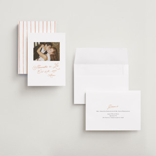 This is a peach save the date with standard by AK Graphics called flourishing printing on recycled smooth signature in grand