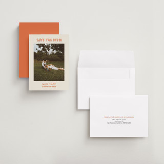 This is a hibiscus save the date with standard by Stephanie Heinrich Godbout called modern outline printing on recycled smooth signature in grand