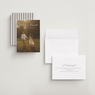 This is a ivory save the date with standard by Emily Betts called story printing on recycled smooth signature in grand