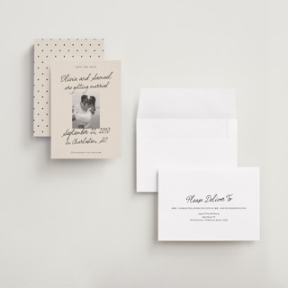 This is a linen save the date with standard by Kercia Jane called written in love printing on recycled smooth signature in grand