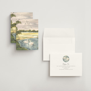 This is a lake save the date with standard by Teju Reval called dreamy pond printing on signature in grand