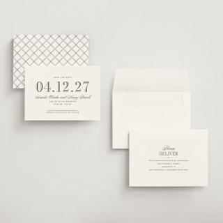 This is a tuxedo save the date with standard by Megan Davis called hepburn printing on signature in grand