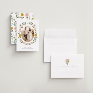 This is a swan save the date with standard by Lori Wemple called botanical cameo printing on recycled smooth signature in grand