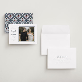 This is a french blue save the date with standard by Jennifer Postorino called ariah printing on recycled smooth signature in grand