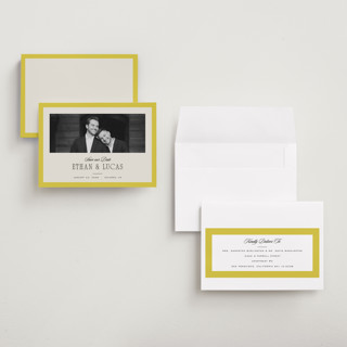 This is a citron save the date with standard by Blustery August called mille-feuille printing on recycled smooth signature in grand