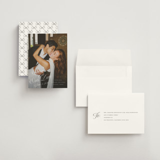This is a pearl save the date with standard by Leah Bisch called scripted date printing on recycled smooth signature in grand