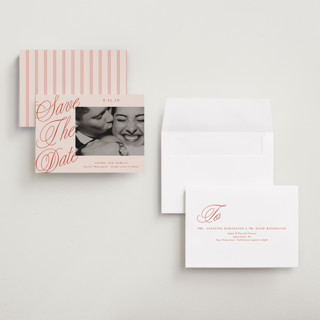 This is a cherry save the date with standard by Alethea and Ruth called script overlay printing on recycled smooth signature in grand