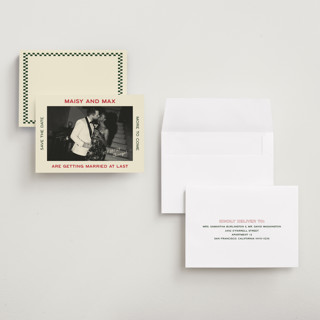 This is a pizzeria save the date with standard by Ani Somi called trattoria printing on recycled smooth signature in grand