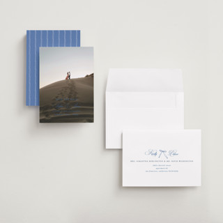 This is a blue mist save the date with standard by Design Lotus called amalfi blue printing on recycled smooth signature in grand