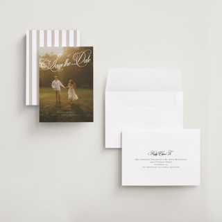 This is a porcelain save the date with standard by Orasie called vintage elegant printing on recycled smooth signature in grand