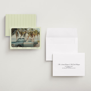 This is a palm sage save the date with standard by Ani Somi called sunset ave printing on recycled smooth signature in grand
